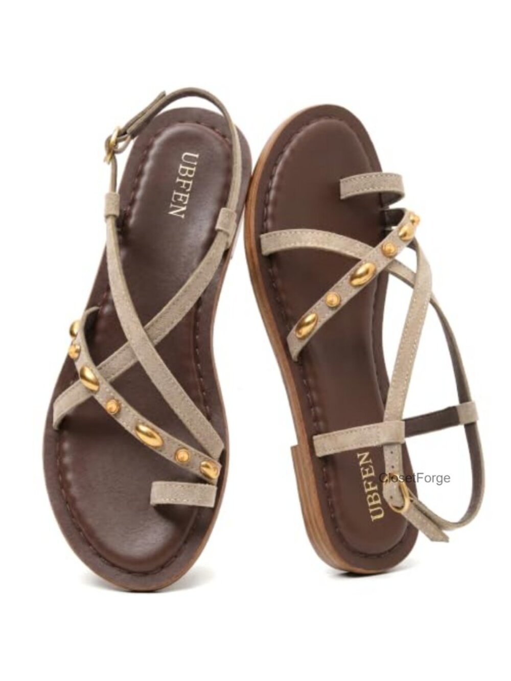 Strappy Flat Sandals with Toe Ring Studded Suede Adjustable Buckle